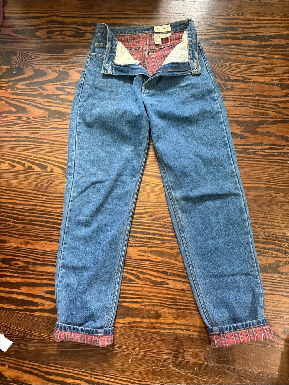 Eddie Bauer Medium Blue Straight-Leg Women’s Jeans with Plaid Trim